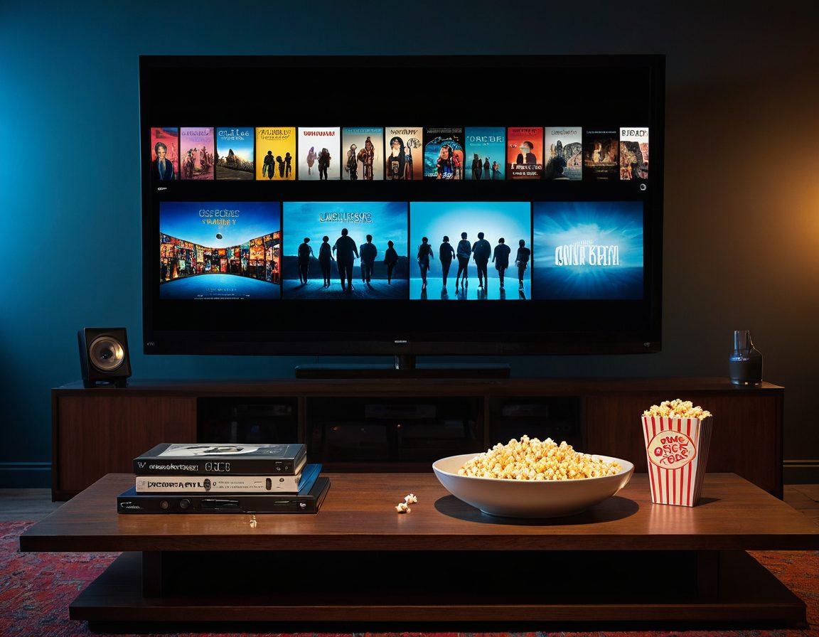 A visually striking juxtaposition of a vintage Blu-ray disc and a modern streaming interface on a sleek television screen, surrounded by a film reel and popcorn. In the backdrop, blurred silhouettes of a diverse audience engaged in watching films. The scene captures a transition from physical to digital media, symbolizing the evolution of mature adult films. cinematic style, vibrant colors.