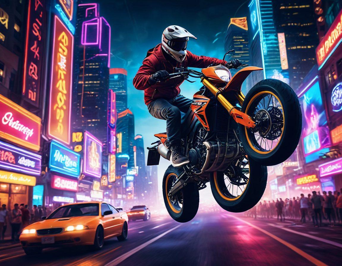 A high-energy scene depicting a thrilling extreme sports atmosphere combined with adult entertainment elements. Show daring stunts, vibrant neon lights, and a lively crowd engaging in various activities without any obscurity. The background should have a skyline glimmering with excitement and adventure. Include bold colors and dynamic poses to amplify the intensity. super-realistic. vibrant colors. 3D.